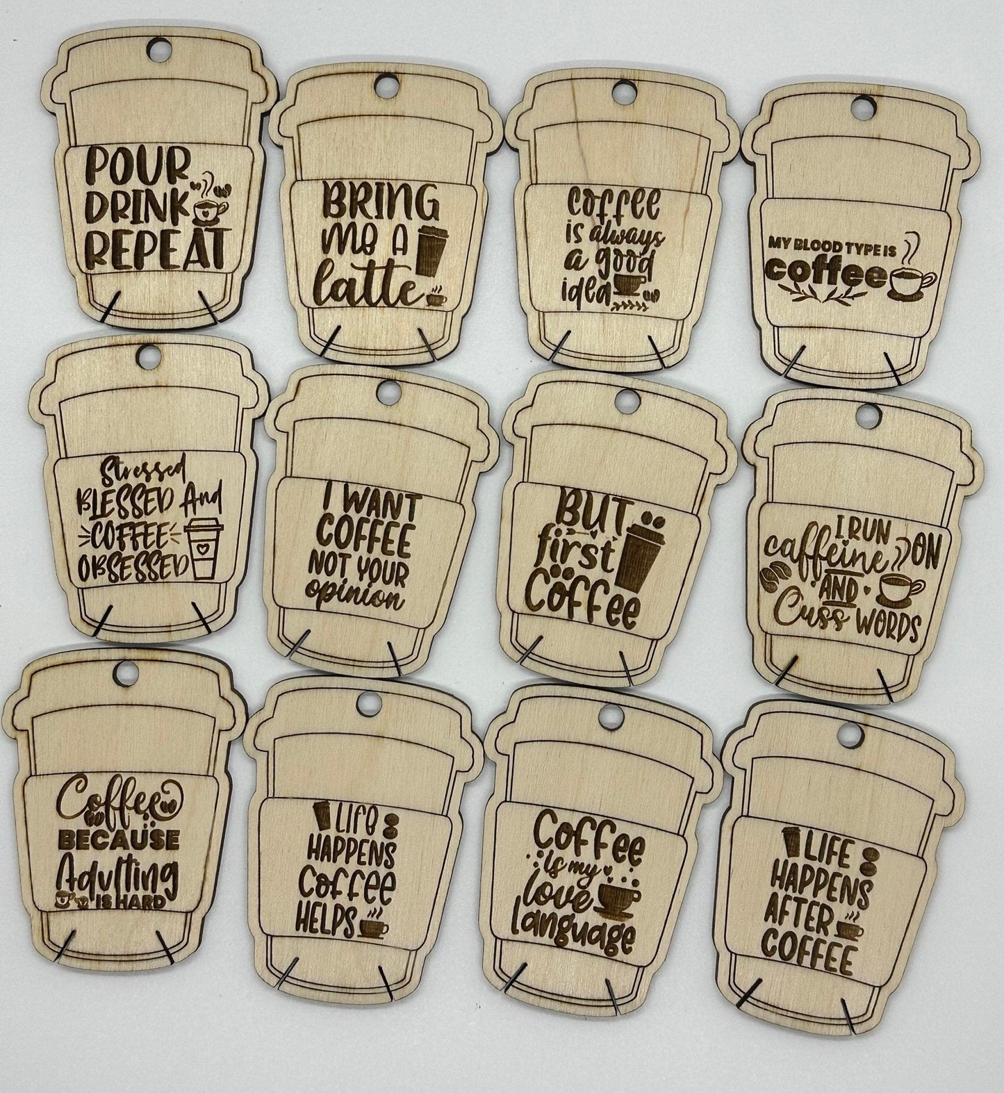 Coffee Cup Wooden Bobbins with Funny Coffee Inspired Quotes, for Embroidery, Cross Stitch, Needlepoint, Crewel - Obscurious Creations