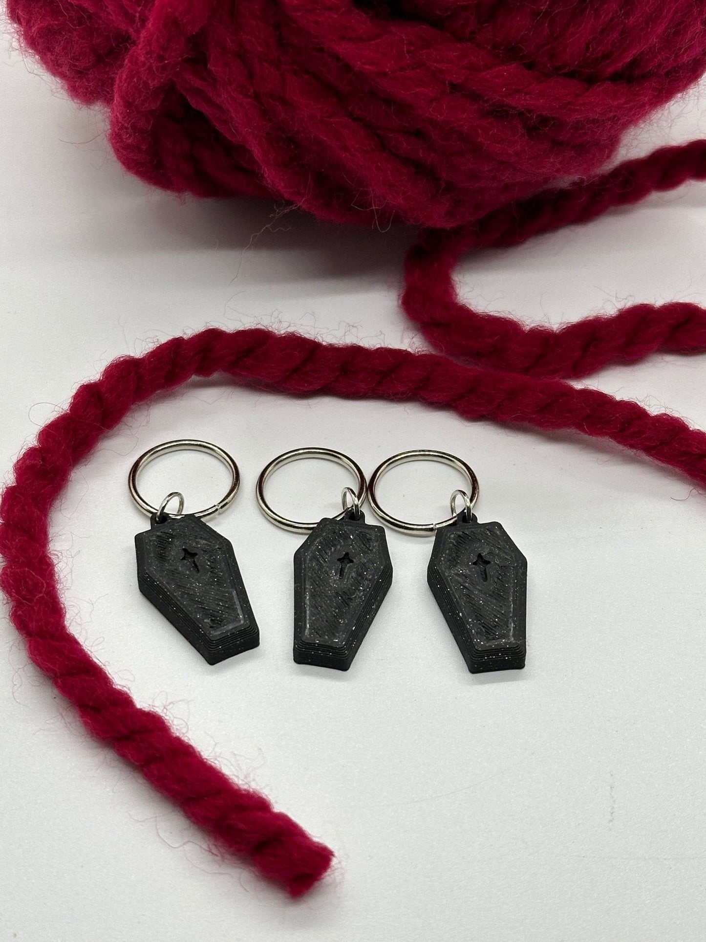 Coffin Stitch Marker Set for Knitting and Crochet, Place Keepers, Charm Bracelet, Keychain - Obscurious Creations