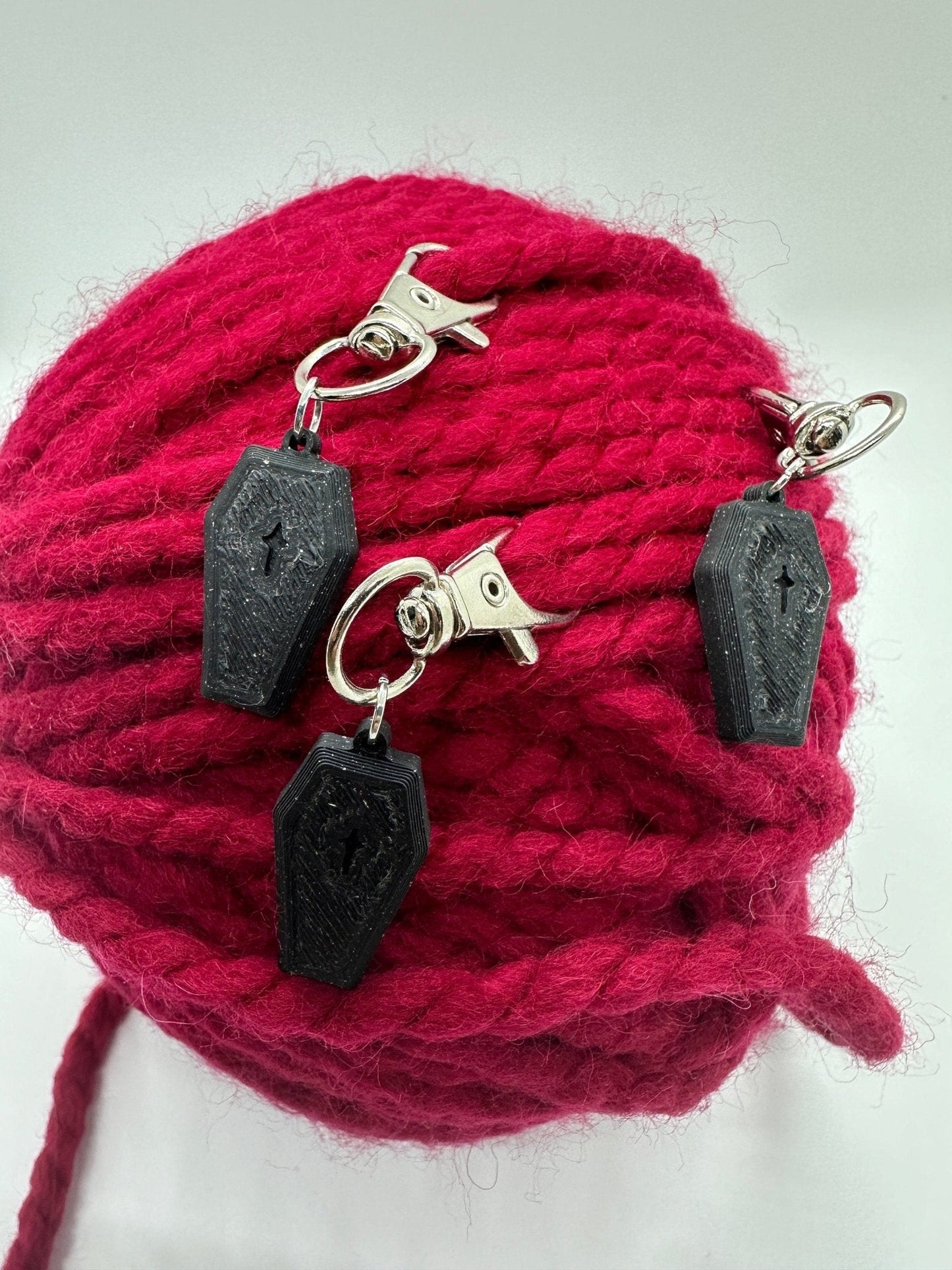 Coffin Stitch Marker Set for Knitting and Crochet, Place Keepers, Charm Bracelet, Keychain - Obscurious Creations