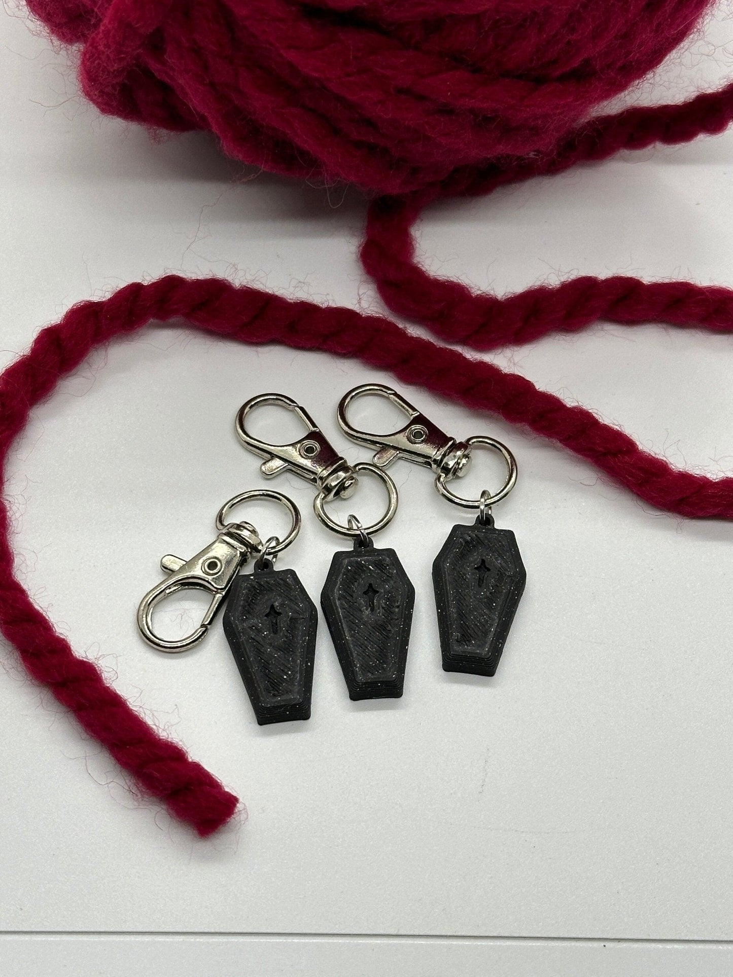 Coffin Stitch Marker Set for Knitting and Crochet, Place Keepers, Charm Bracelet, Keychain - Obscurious Creations