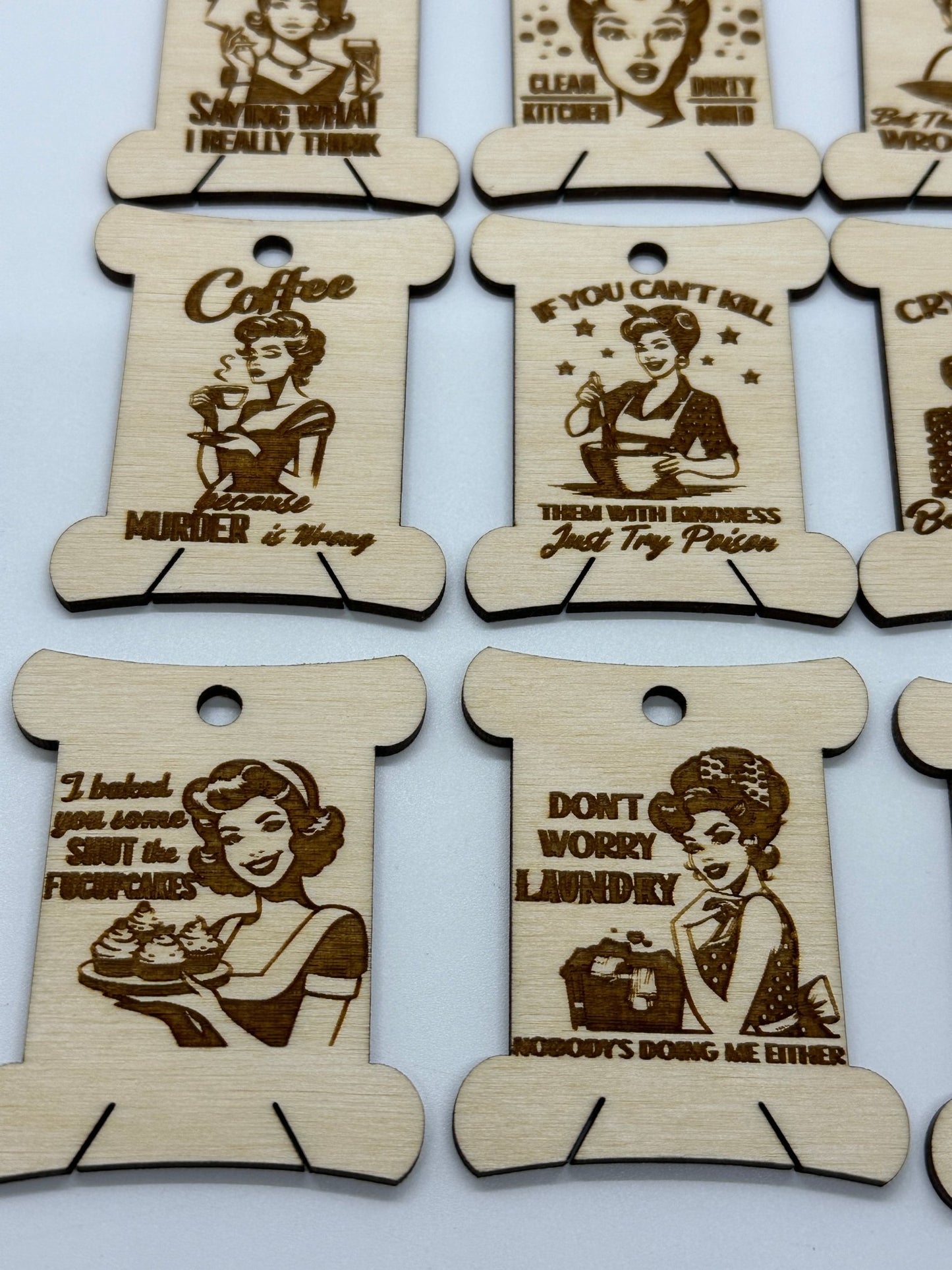 Wooden Bobbins - Pinup Retro Women with Sarcastic Quotes Floss Organizer - Embroidery, Cross Stitch, Needlepoint - Sewing Storage - Obscurious Creations